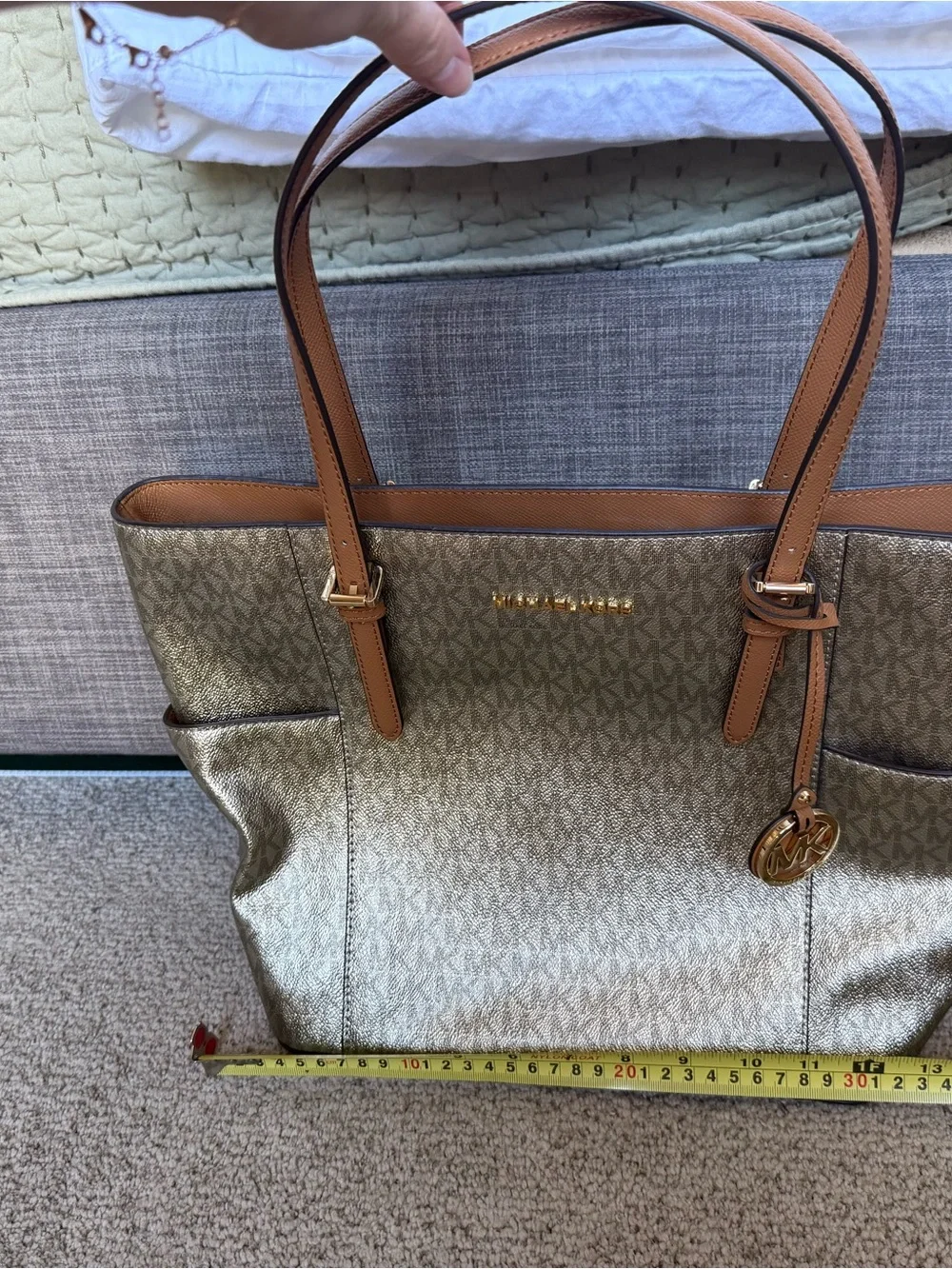 Michael Kors Metallic Gold Champagne Silver Logo Tote with Tan Straps